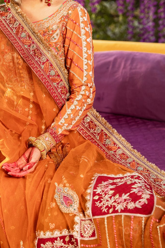 Qalamkar Orange Bridal Collection Net Replica