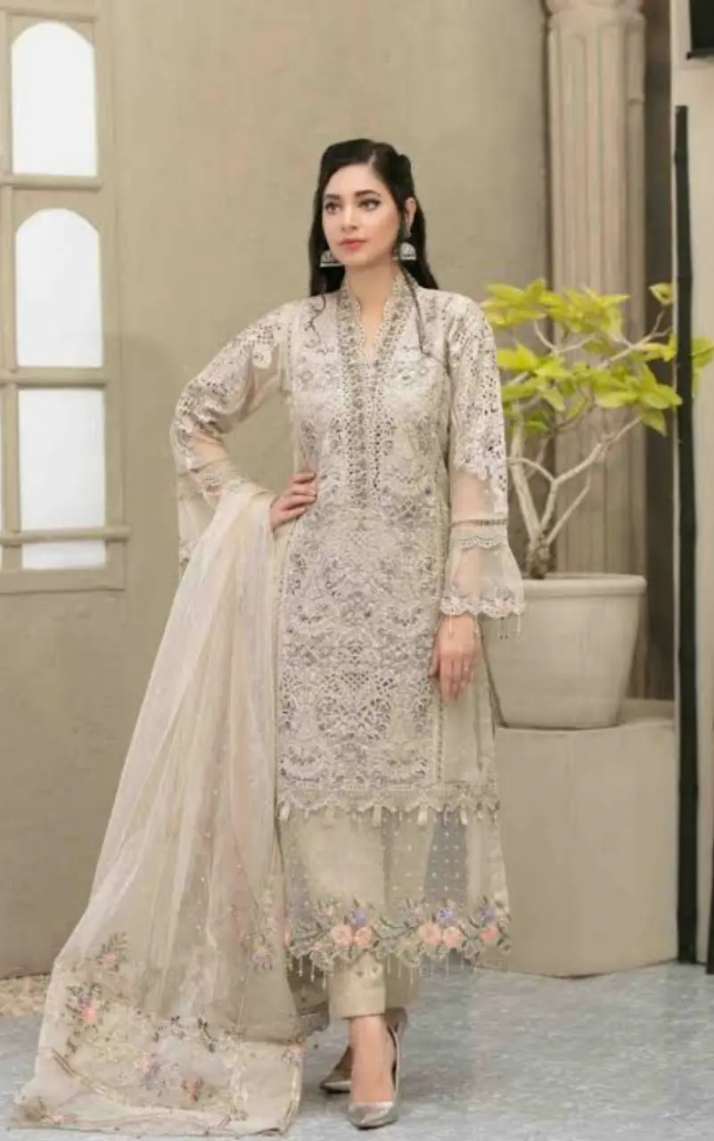 Maria B Semi Stitch Sandy Brown Formal Collection Organza Replica