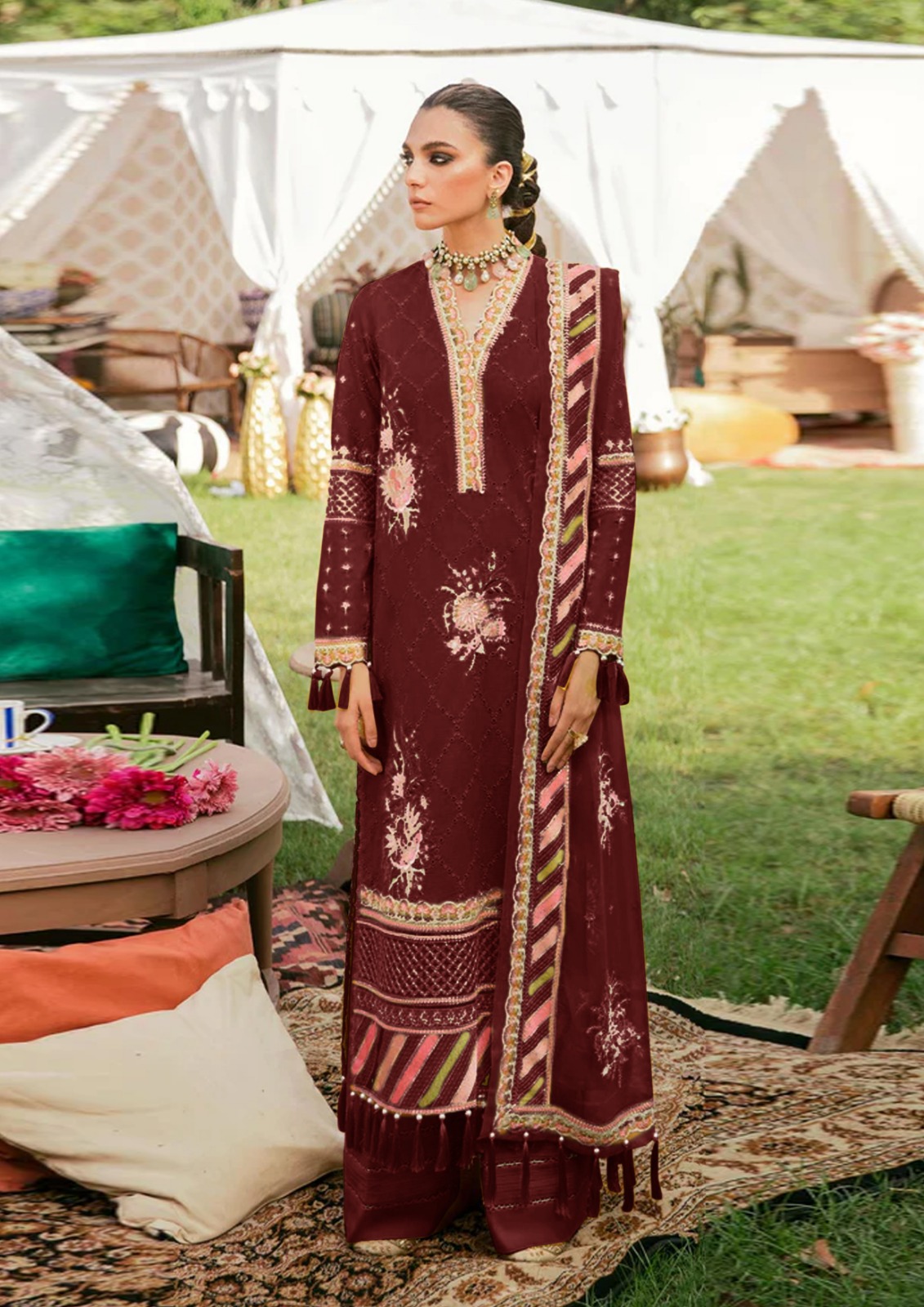 Afrozeh Maroon Luxury Lawn Collection Replica