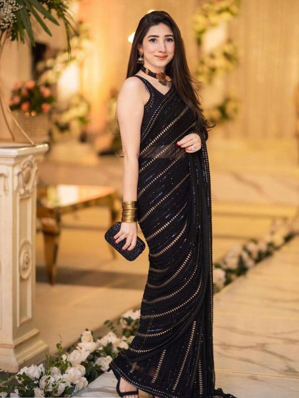 Maryam Nafees Black Chiffon Saree Replica