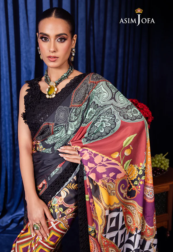 Asim Jofa Black Printed Silk Saree Collection Replica