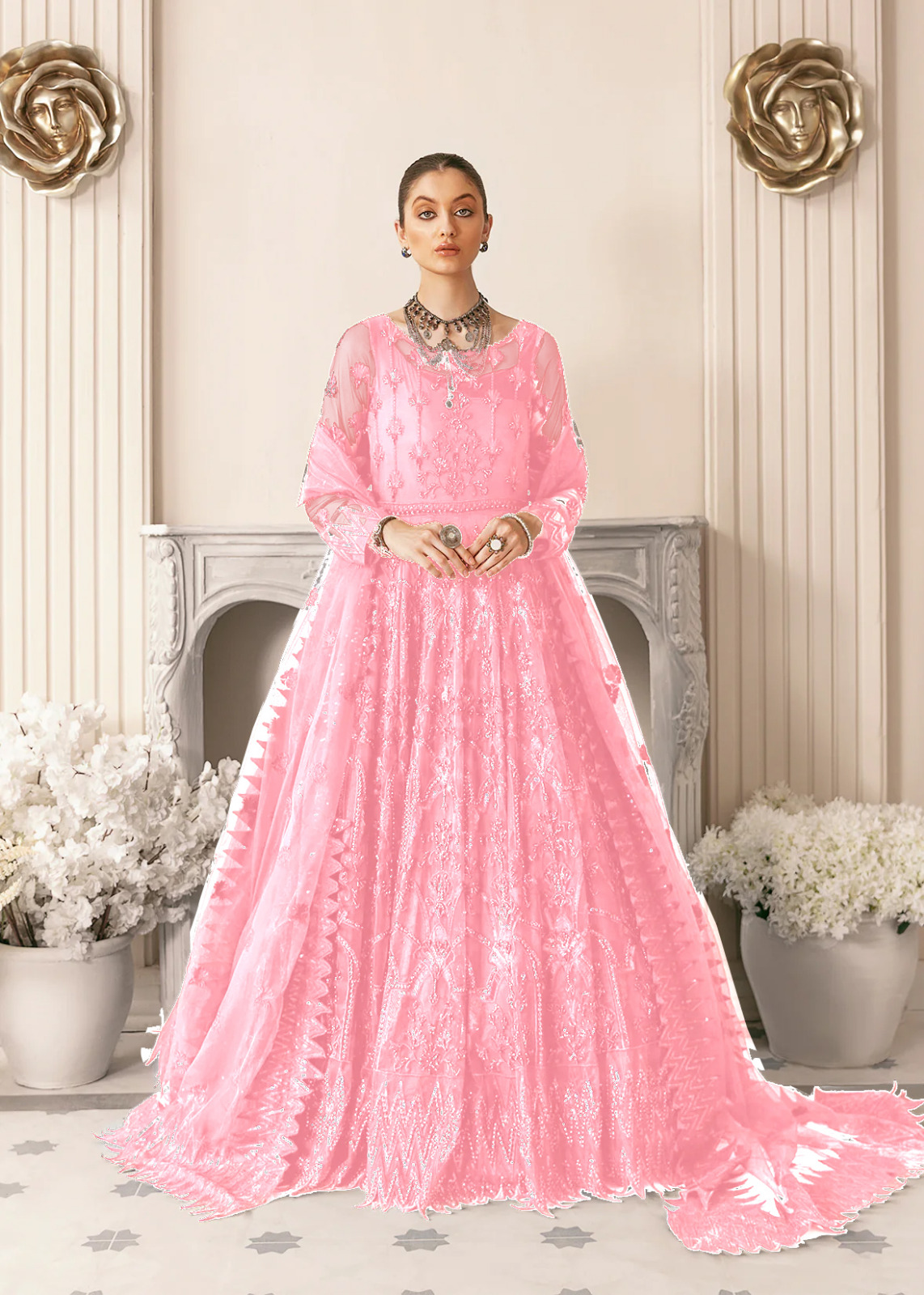 Akbar Aslam Pink Bridal Collection Net Replica