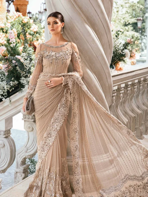 Maria B Golden Chiffon Saree Collection Replica