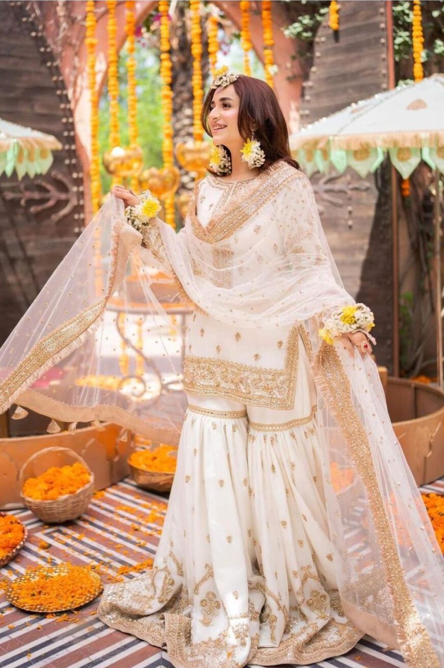 Maha Wajahat White Gharara Bridal Collection Chiffon Replica