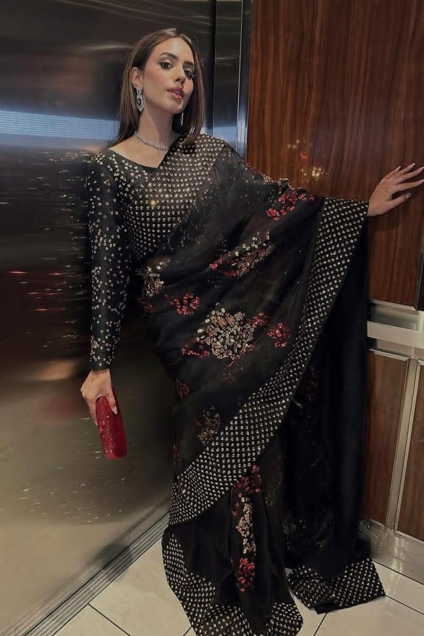 Shrenz Black Sequence Exclusive Organza Saree Replica