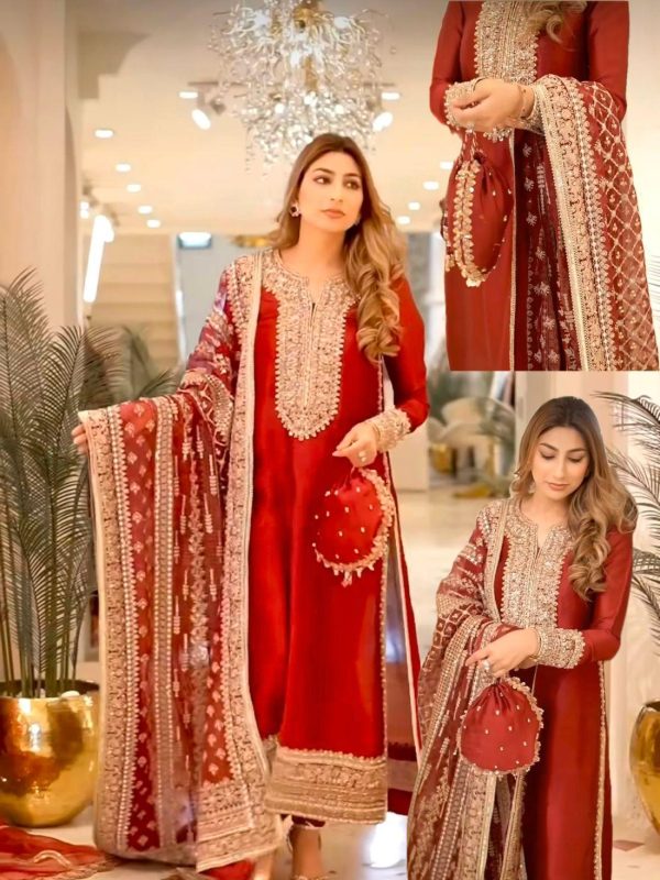 Kanwal Malik Red Formal Collection Raw Silk Replica