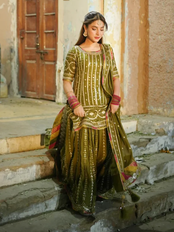 Lajwanti Green Bridal Collection Chiffon Gharara Replica