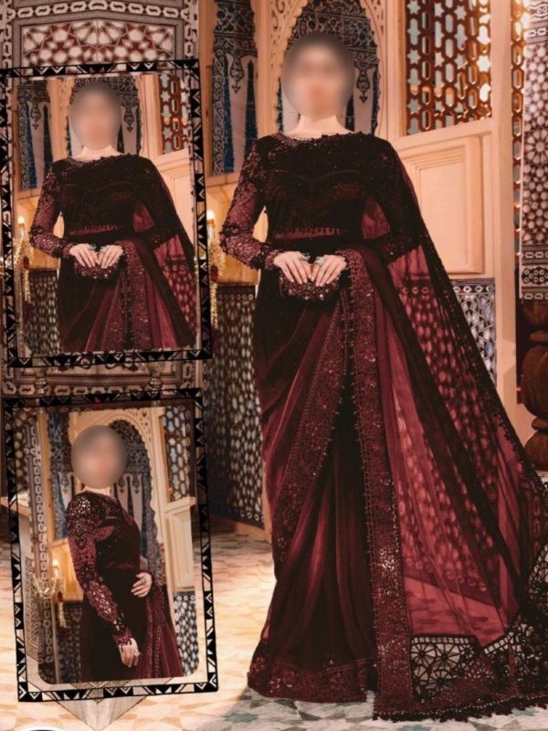 Maria B Maroon Net Saree Collection Replica