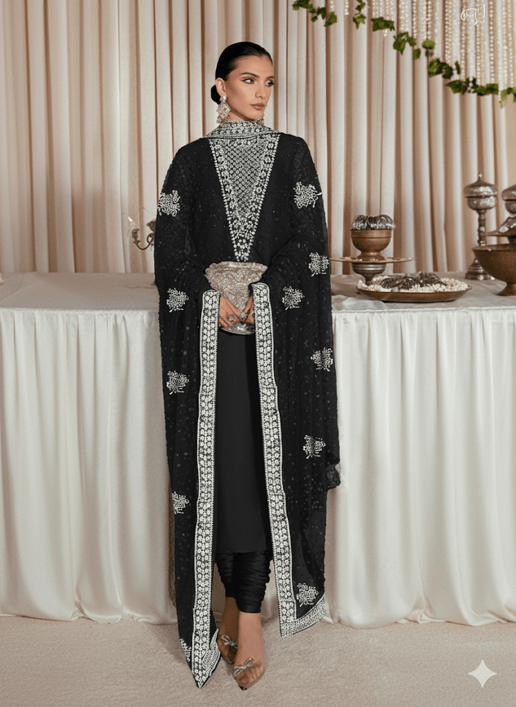 Hussain Rehar Jet Black Formal Collection Raw Silk Replica