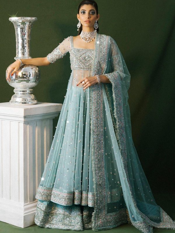 Hussain Rehar Sky Blue Bridal Collection Net Maxi Replica