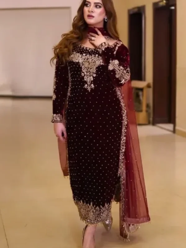 Shrenz Maroon Velvet Collection Replica