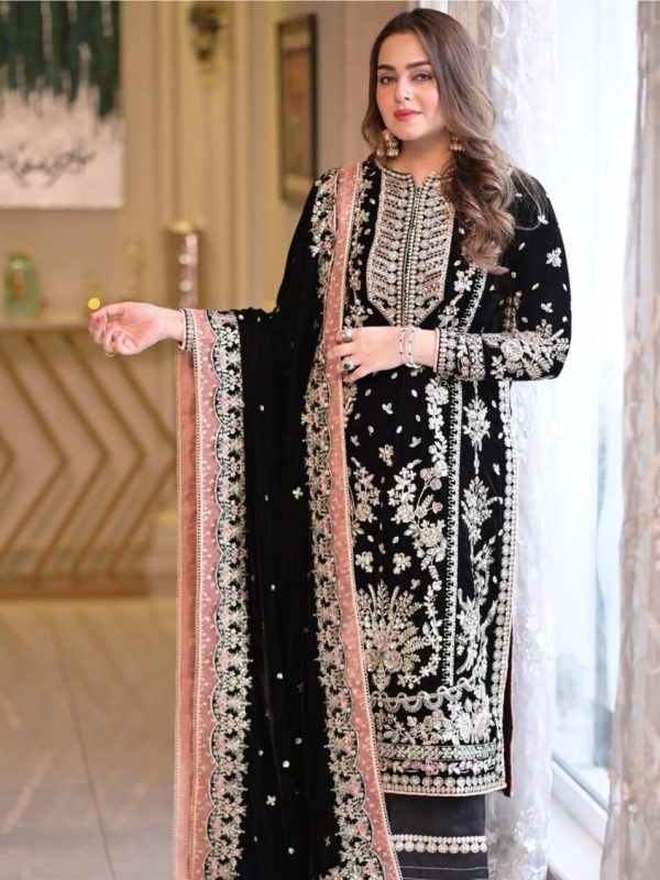 Aneela's Jet Black Formal Velvet Collection Replica