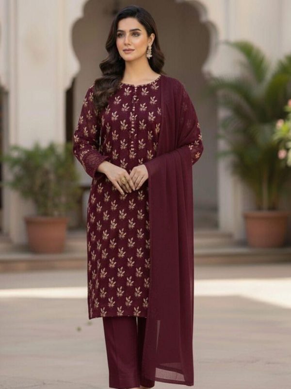 Shrenz Maroon 3 Piece Luxury Chiffon Collection