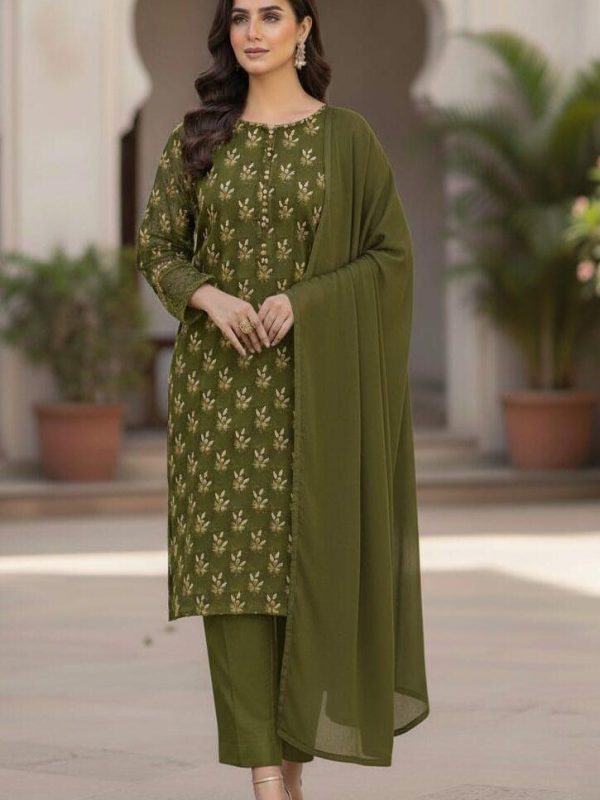Shrenz Parrot Green 3 Piece Luxury Chiffon Collection