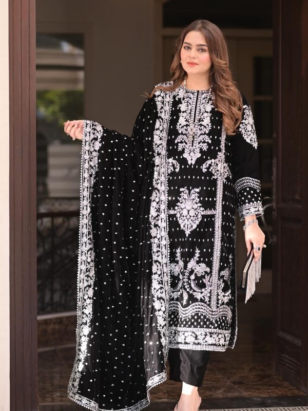 Aneela's Jet Black Formal Velvet Collection Replica