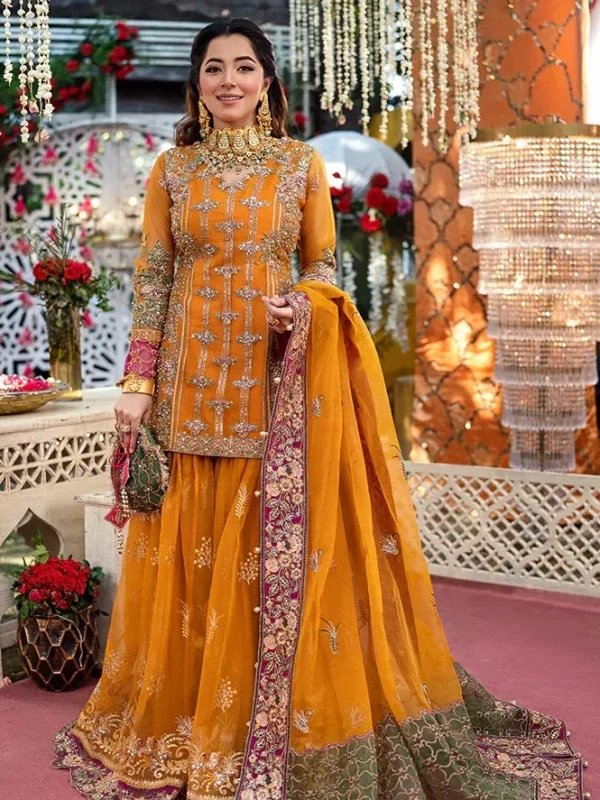 Shrenz Orange Bridal Collection Net Gharara Replica
