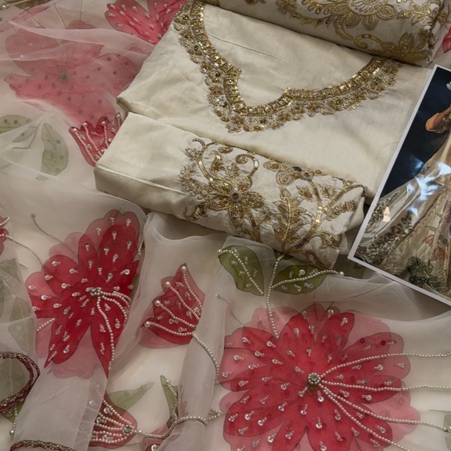 Shrenz Off-White Bridal Collection Raw Silk Gharara Replica - Image 3