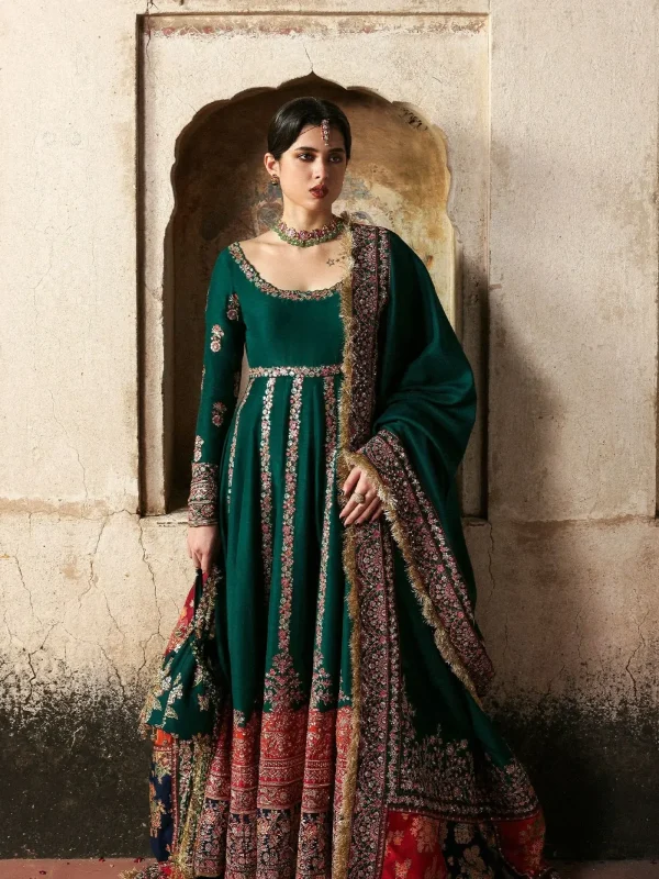 Hussain Rehar Bottle Green Luxury Bridal Collection Indian Raw Silk Maxi Replica