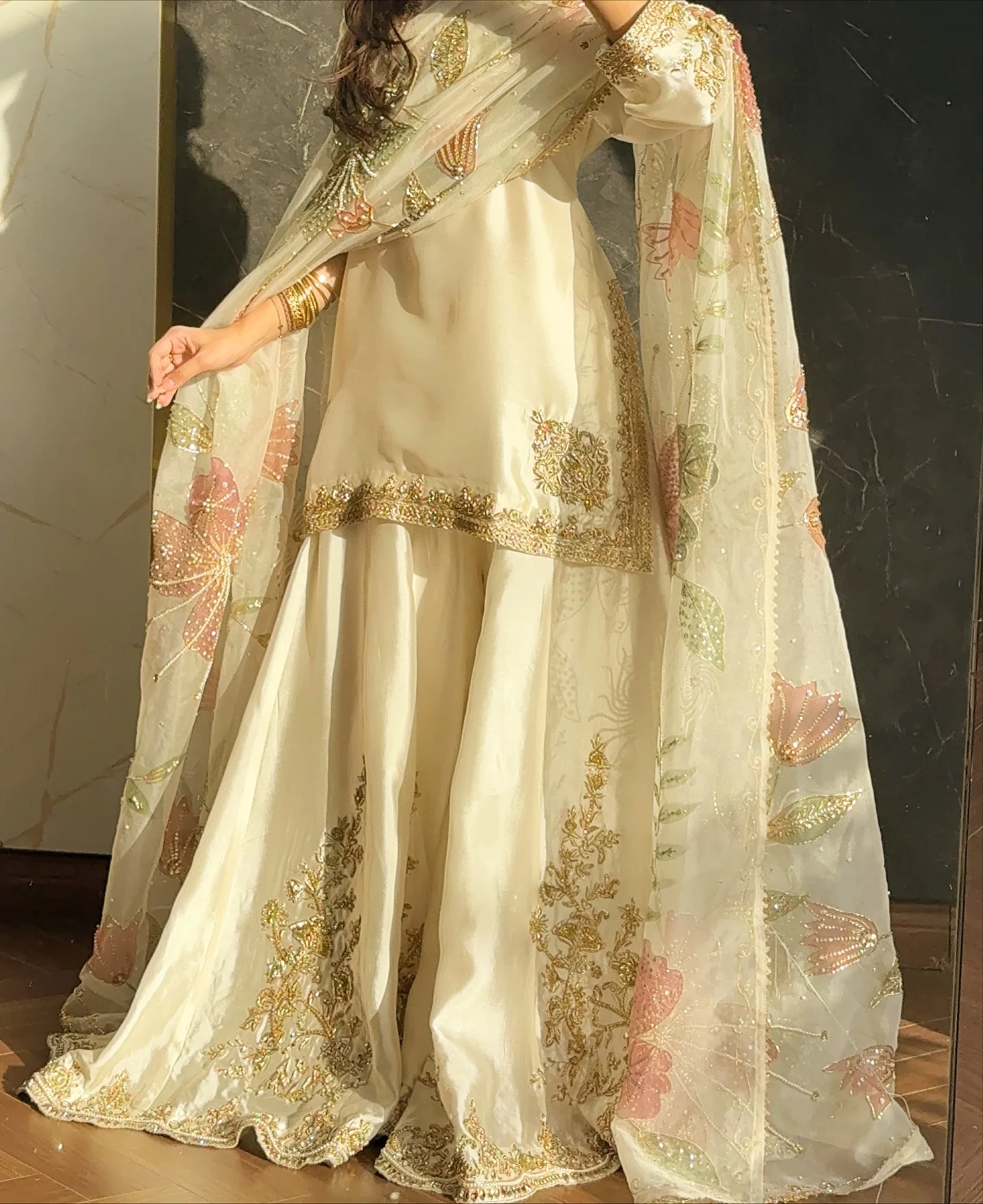 Alternative view of Shrenz Off-White Bridal Collection Raw Silk Gharara Replica