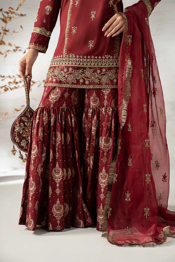 Alternative view of Maria B Maroon Bridal Collection Sheesha Silk Gharara Replica