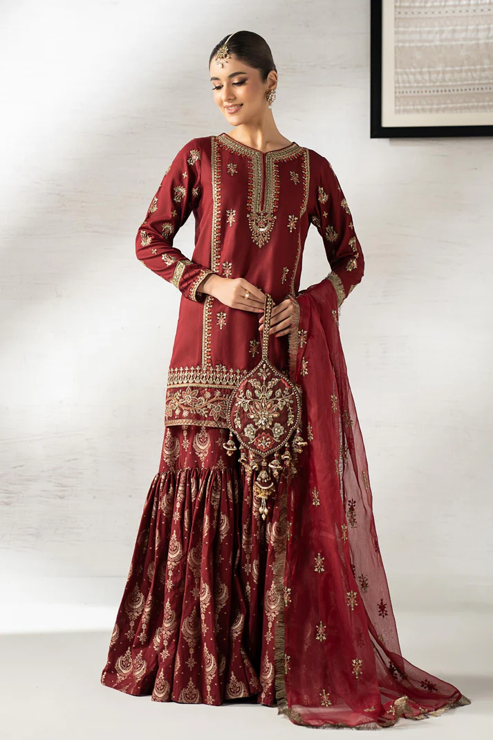 Maria B Maroon Bridal Collection Sheesha Silk Gharara Replica