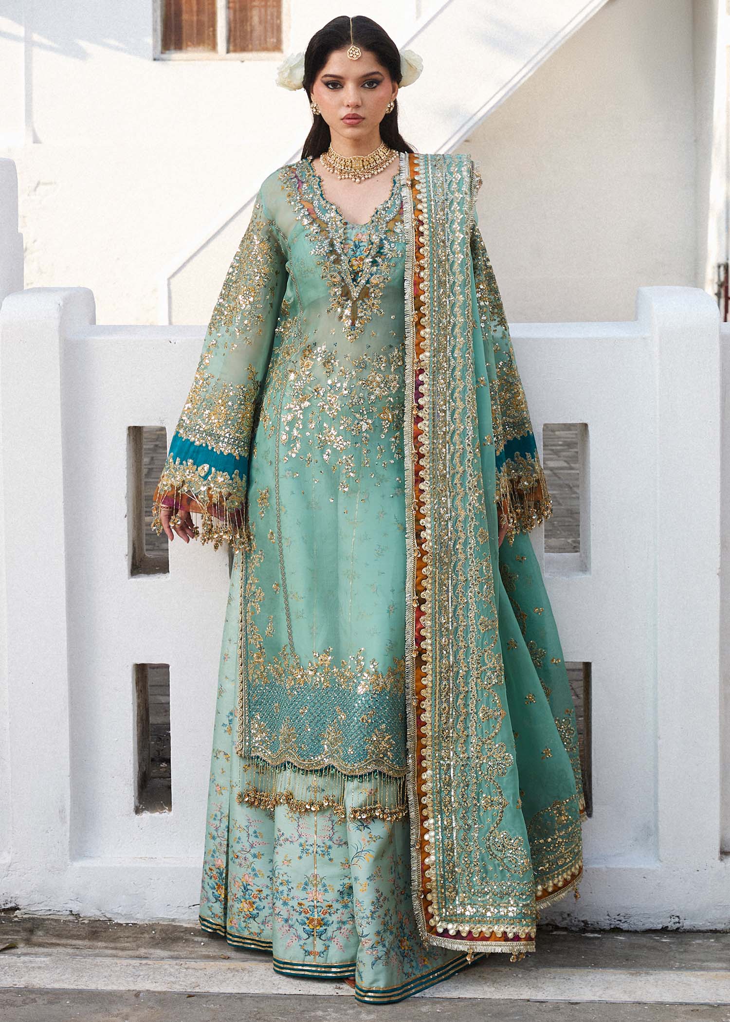 Hussain Rehar Sea Green Lehenga Collection Organza Replica