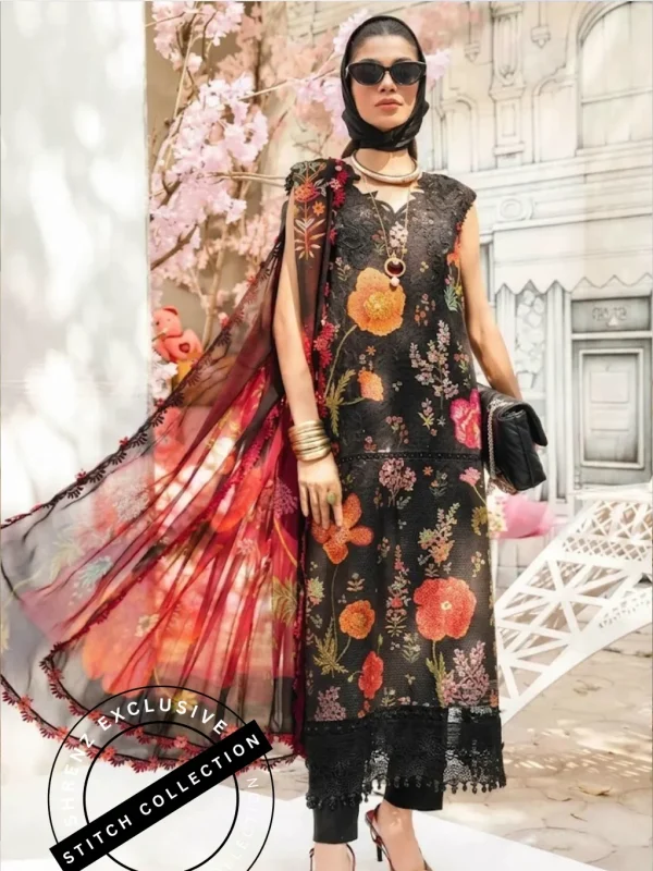 Shrenz 3 Piece Stitched Black Lawn Pret Collection