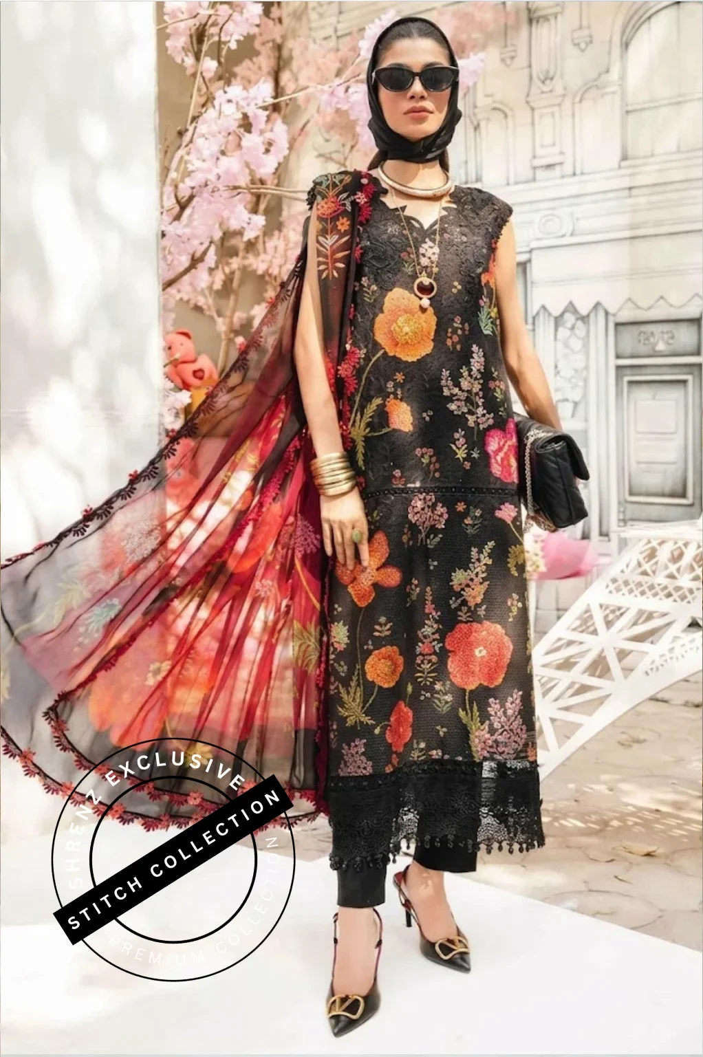 Shrenz 3 Piece Stitched Black Lawn Pret Collection