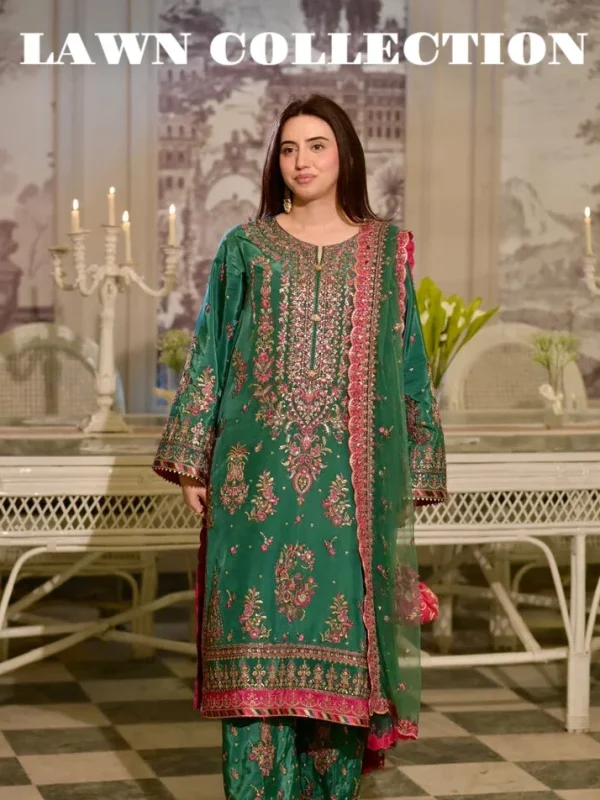 Aneela’s Bottle Green Luxury Lawn Collection Replica
