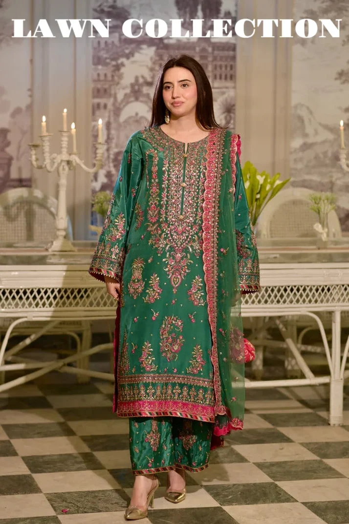 Aneela’s Bottle Green Luxury Lawn Collection Replica