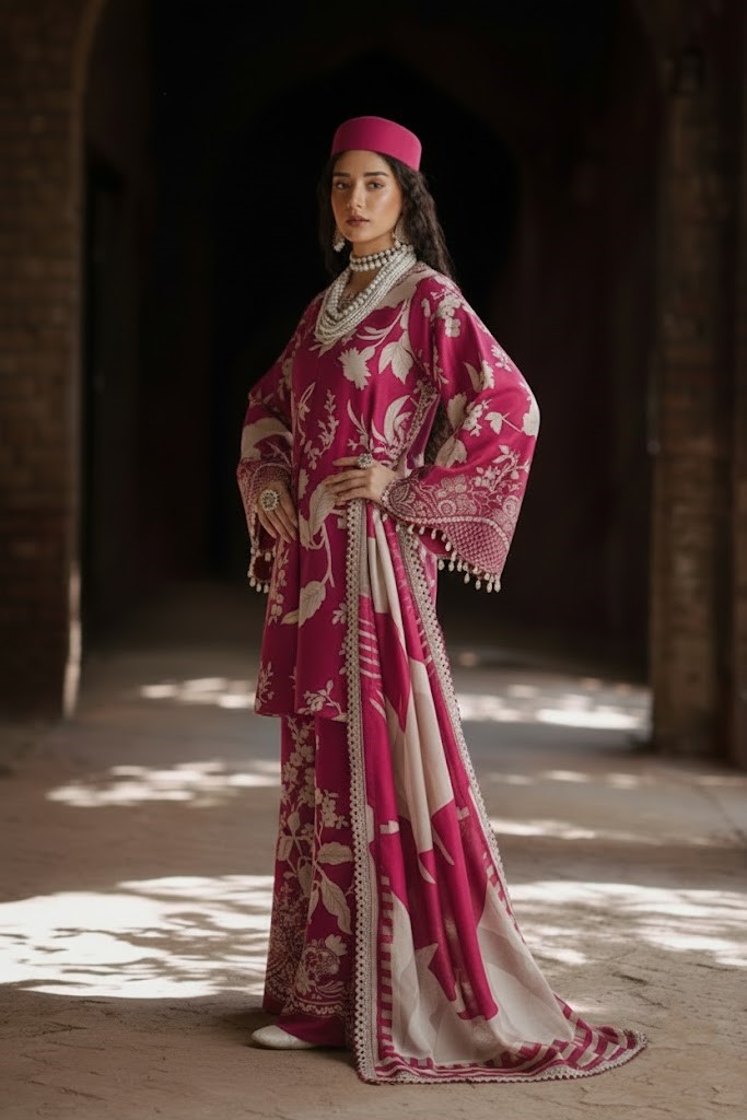 Alternative view of Aneela's Shocking Pink Printed Lawn Collection Replica