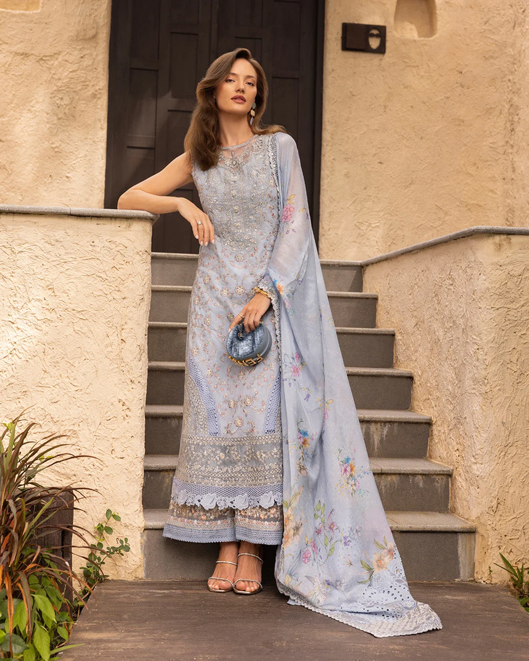 Faiza Saqlain Sky Blue Luxury Lawn Collection Replica - Image 3