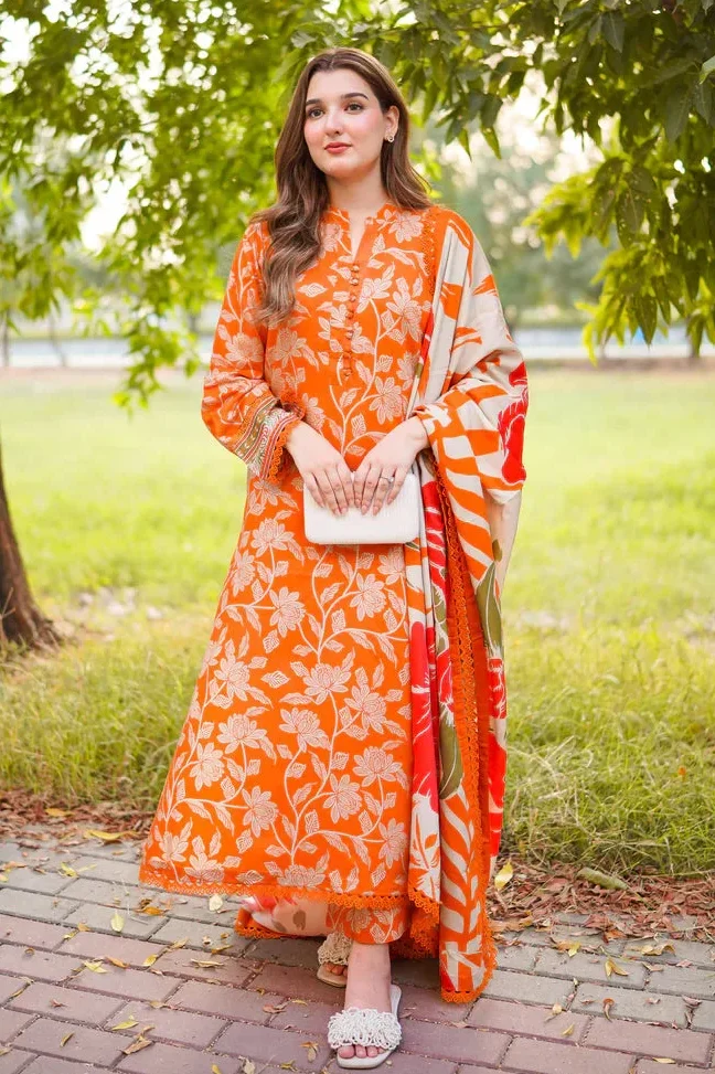 Aneela's Orange Luxury Printed Lawn Collection Replica