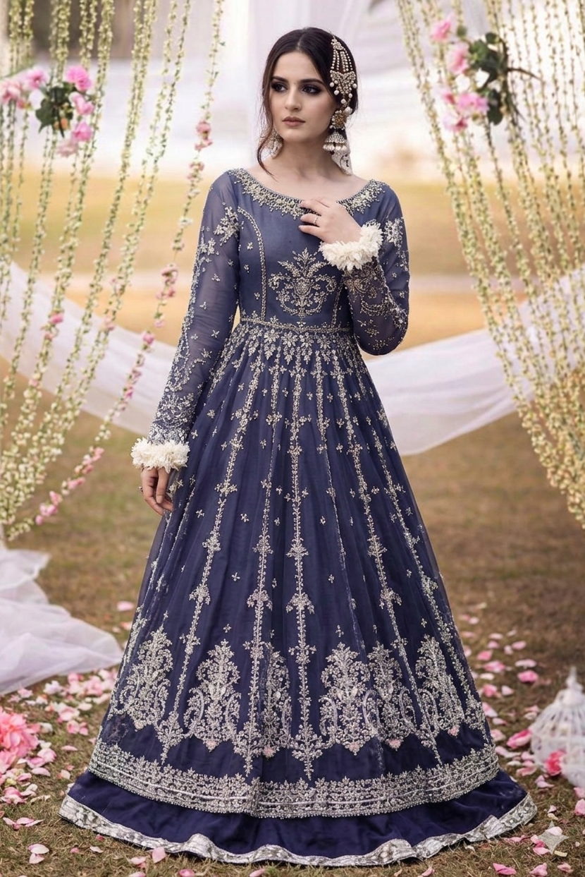 Faiza Saqlain Royal Blue Net Collection Replica