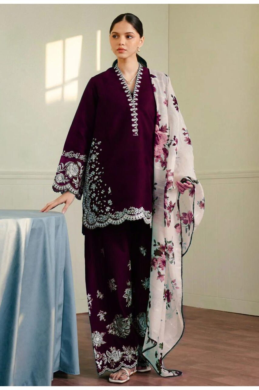 Zara Shahjahan Burgundy Luxury Lawn Collection Replica