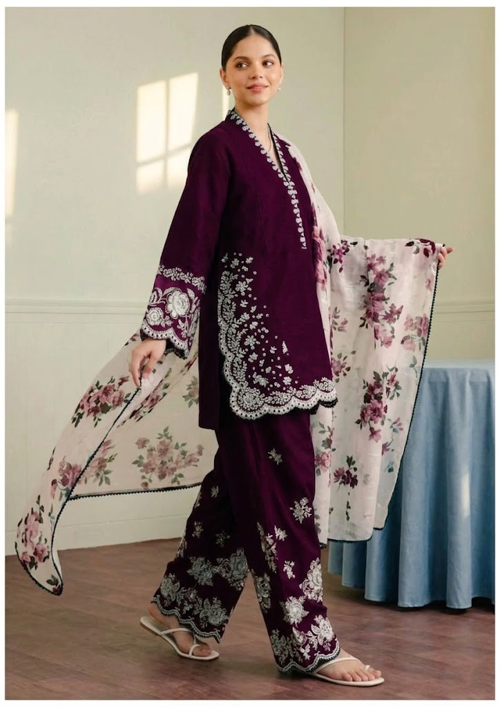 Alternative view of Zara Shahjahan Burgundy Luxury Lawn Collection Replica