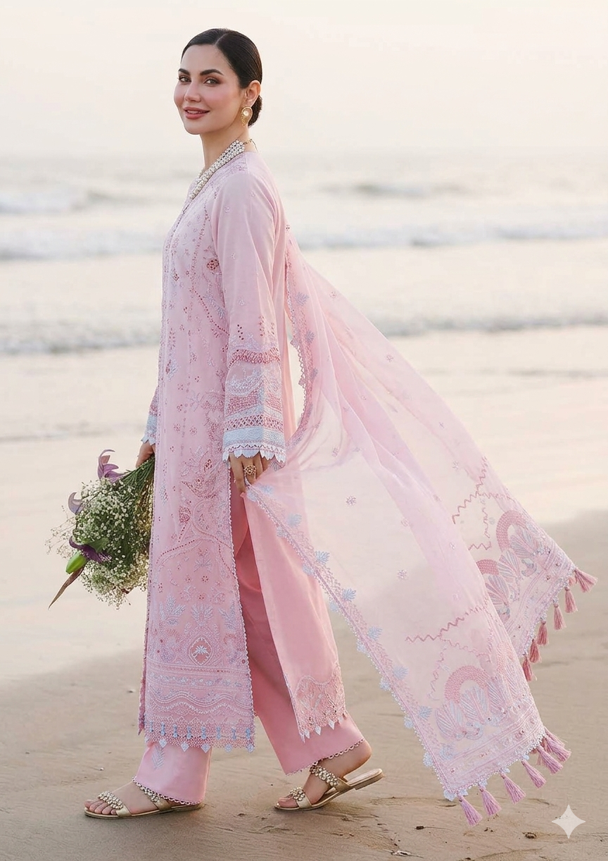 Alternative view of Qalamkar Pink Luxury Lawn Collection Replica