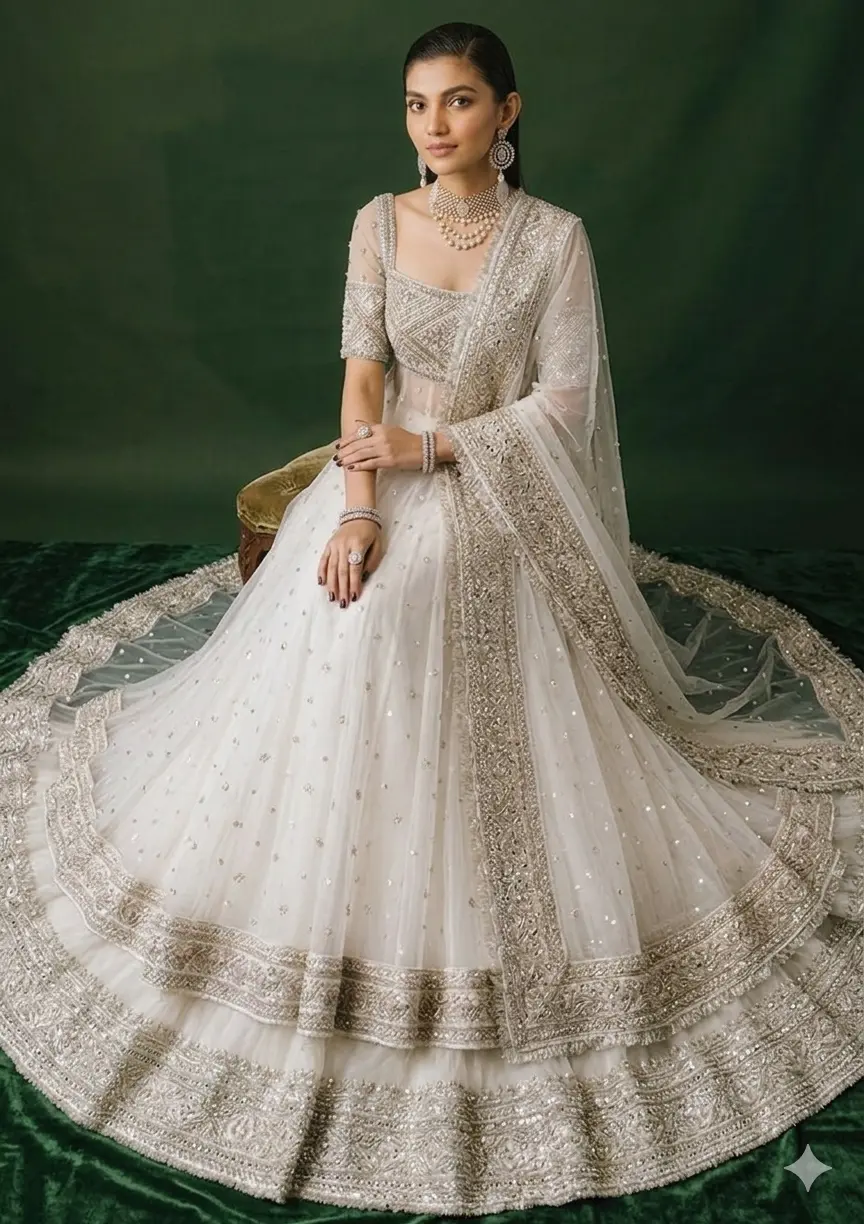 Hussain Rehar White Bridal Collection Net Maxi Replica - Image 3