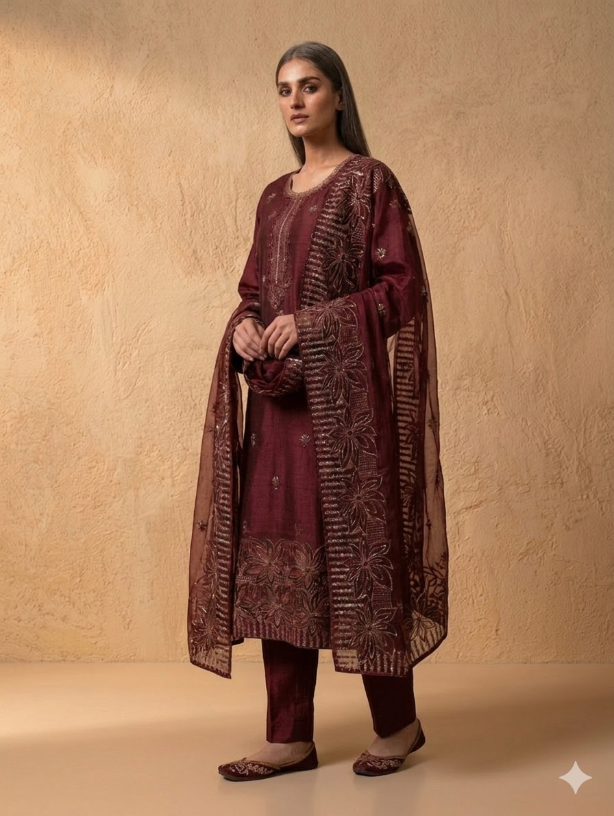Alternative view of Shrenz Maroon Luxury Lawn Collection Replica