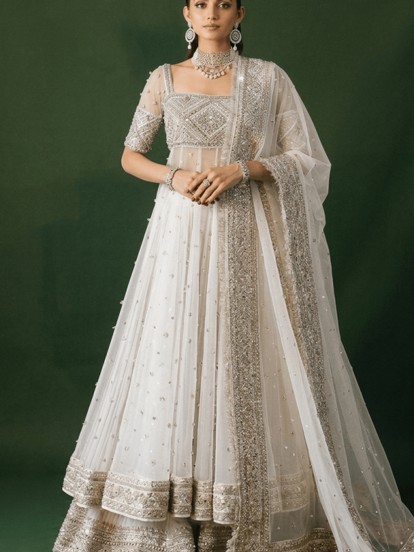 Hussain Rehar White Bridal Collection Net Maxi Replica