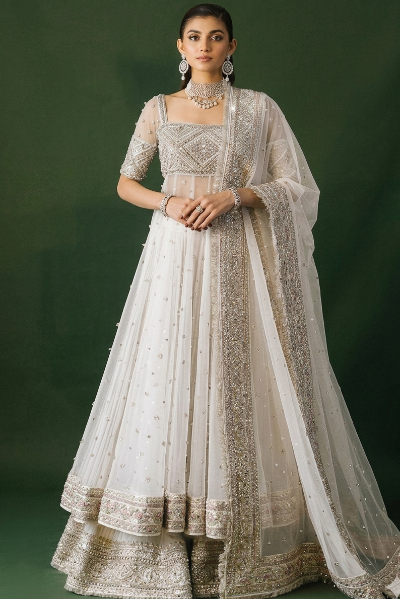 Hussain Rehar White Bridal Collection Net Maxi Replica