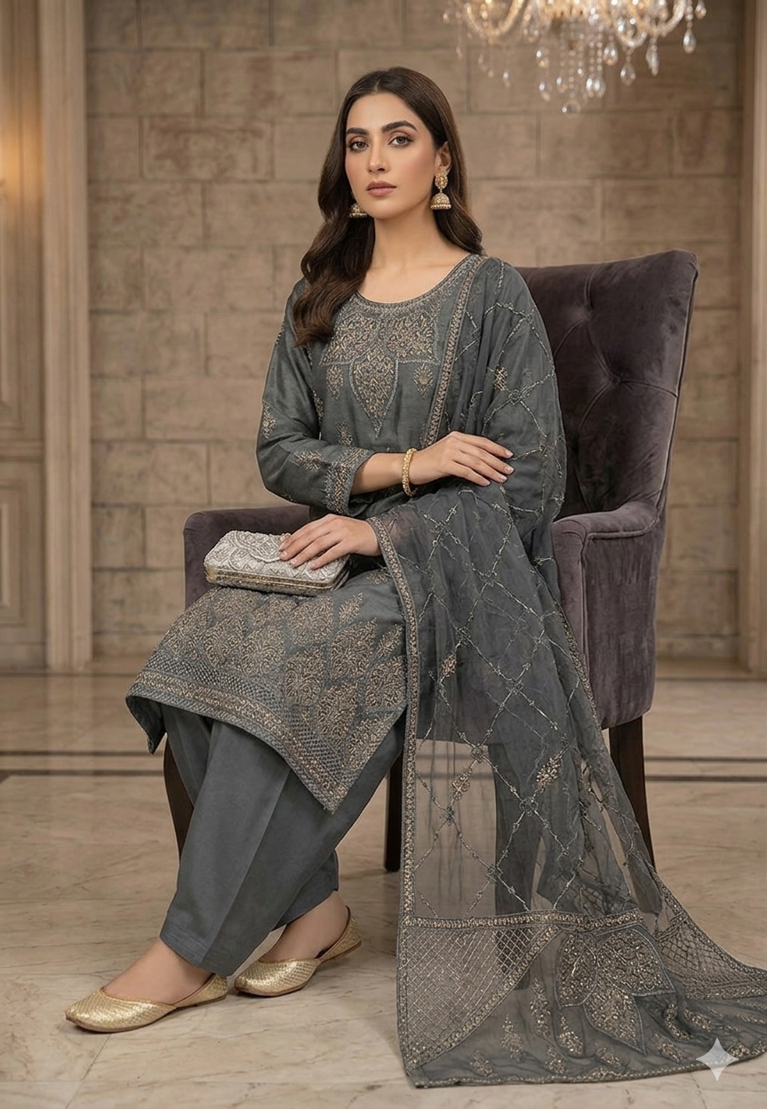 Alternative view of Baroque Grey Luxury Lawn Collection Replica