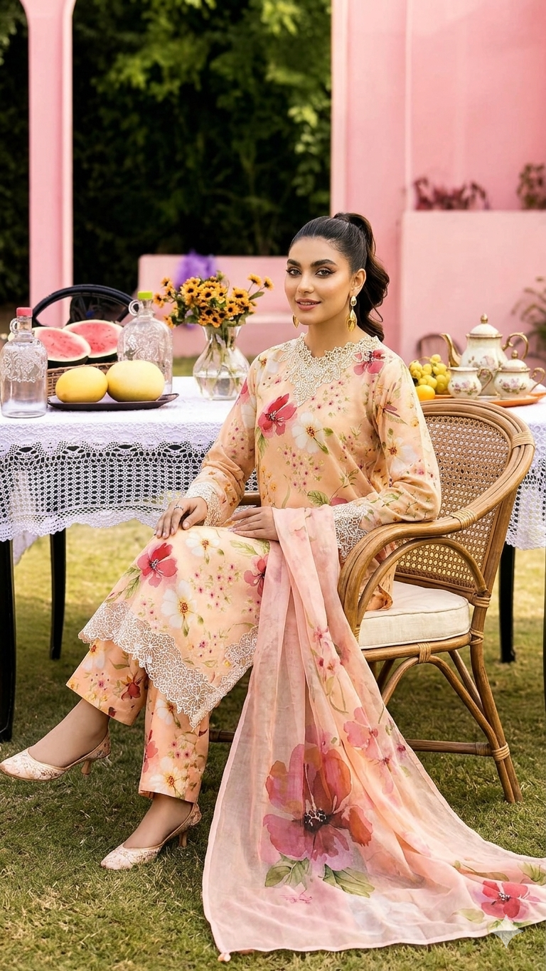 Alternative view of Ellena Peach Printed Lawn Collection Replica