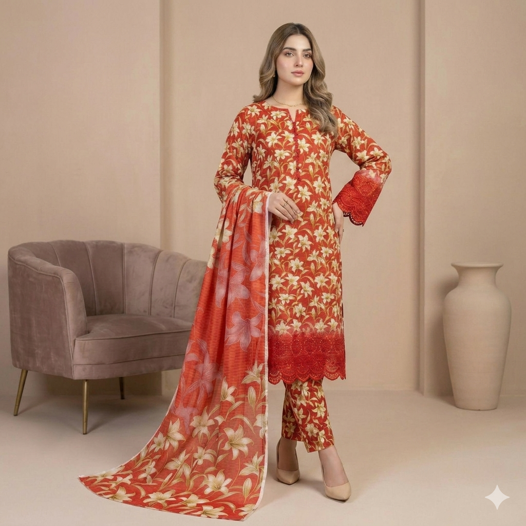 Alternative view of Safak Orange Printed Lawn Collection Replica