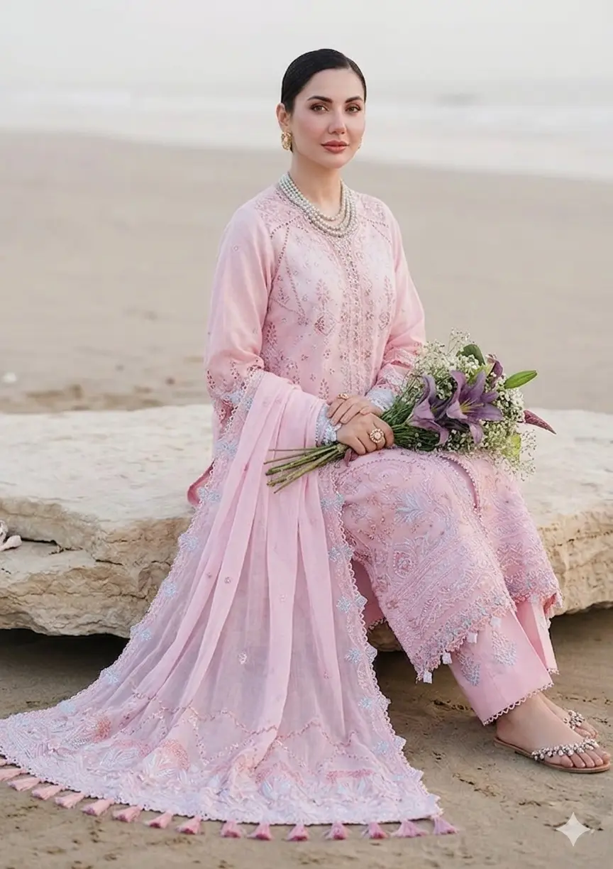 Qalamkar Pink Luxury Lawn Collection Replica - Image 3