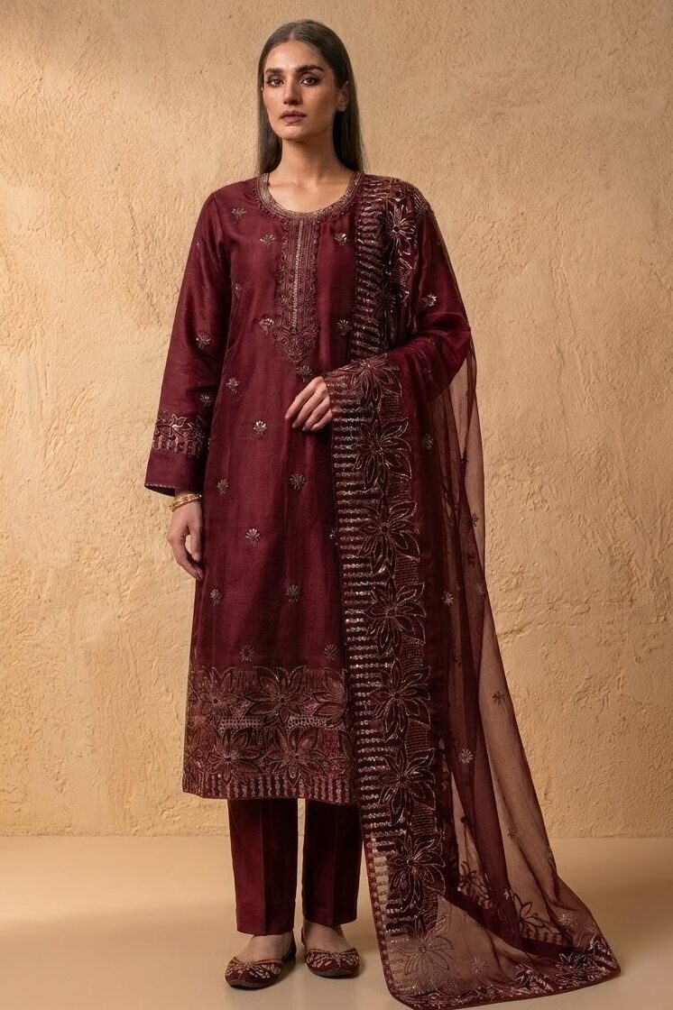 Shrenz Maroon Luxury Lawn Collection Replica