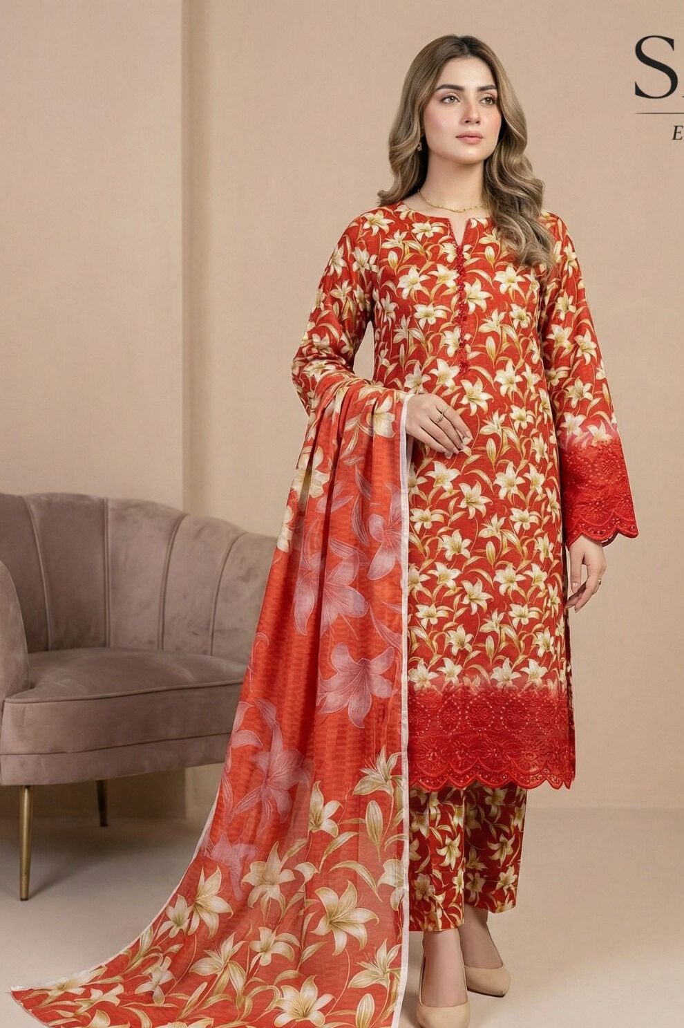 Safak Orange Printed Lawn Collection Replica