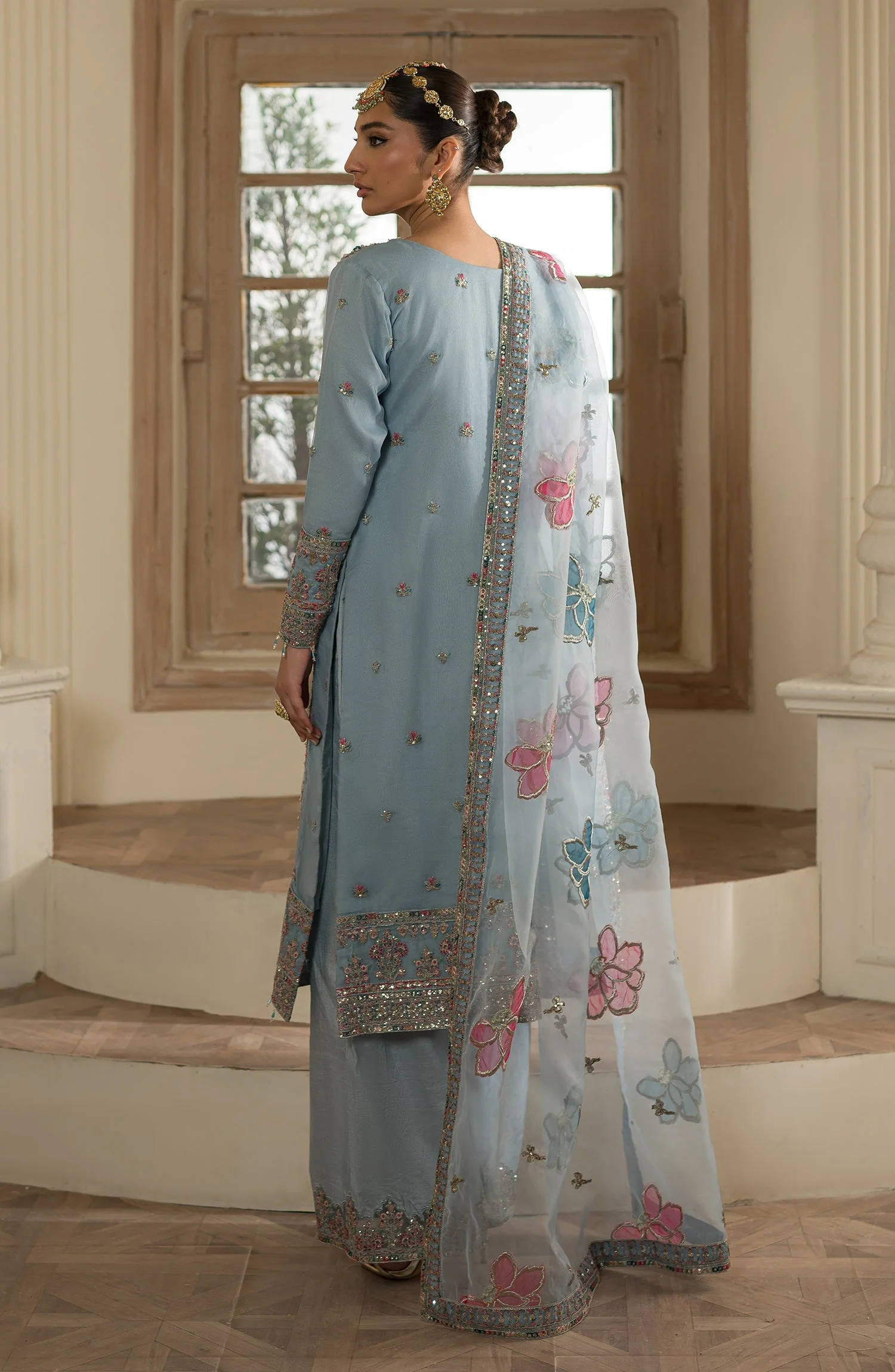 Alternative view of Emaan Adeel Sky Raw Silk collection Replica