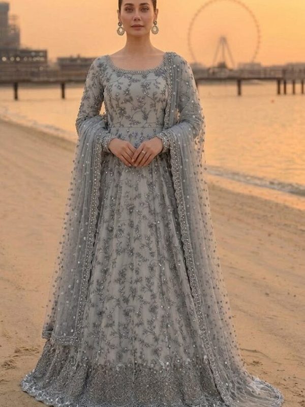 Faiza Saqlain Grey Luxury Lawn Collection Frock Replica