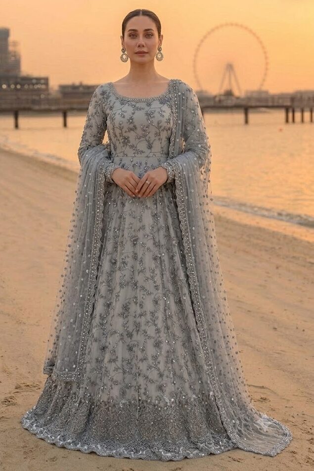 Faiza Saqlain Grey Luxury Lawn Collection Frock Replica